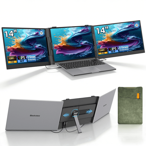 Blackview DCM6 Triple Laptop Screen Extender,14" 1080P FHD IPS Portable External Screen,Two Cable USB C Travel for 13-17'' Laptop,Plug & Play Compatible with Windows/Mac/Chrome OS and Mobile Devices