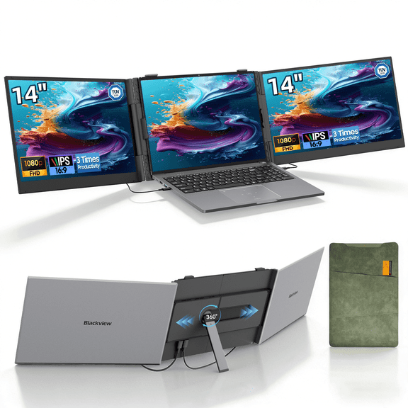 Blackview DCM6 Triple Laptop Screen Extender,14" 1080P FHD IPS Portable External Screen,Two Cable USB C Travel for 13-17'' Laptop,Plug & Play Compatible with Windows/Mac/Chrome OS and Mobile Devices