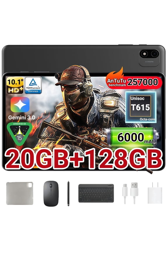 Android 16 Tablet, 10 Inch Tablet, Gemini Al 2.0 Android Tablets, Unisoc T615 Octa-core Processor, 2 In 1 Tablet with Keyboard, 128GB ROM+20(8+12)GB RAM+ 2TB Expand, Dual Camera, Widevine L1