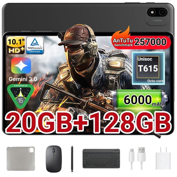 Android 16 Tablet, 10 Inch Tablet, Gemini Al 2.0 Android Tablets, Unisoc T615 Octa-core Processor, 2 In 1 Tablet with Keyboard, 128GB ROM+20(8+12)GB RAM+ 2TB Expand, Dual Camera, Widevine L1