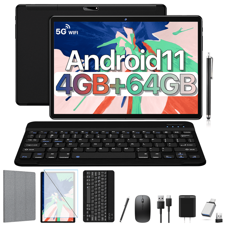 Tablet with Keyboard Android 11 Quad-Core Arm 4GB RAM 64GB ROM 1TB Expand  5G Wifi Google Certified