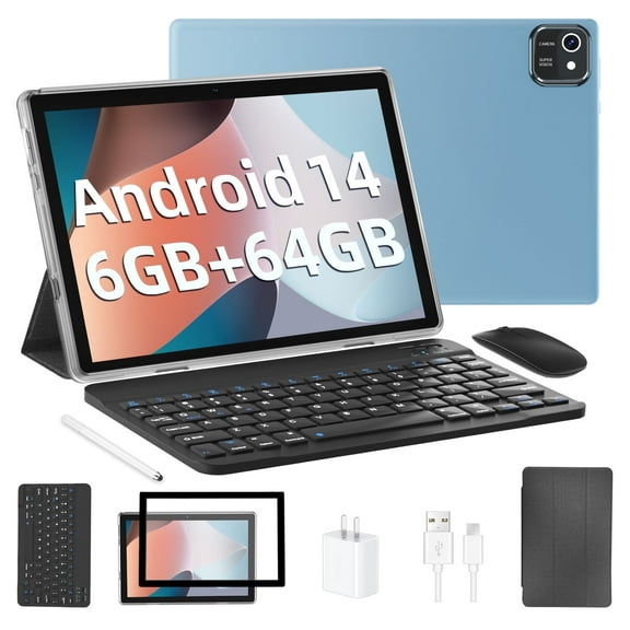Tablet 10 inch Android 14 Tablets, 6GB RAM 64GB ROM 1TB Expand, Quad-Core Processor, 1280x800 LCD Touch Screen, WiFi 5, Dual Camera, BT5.0, 6000mAh Battery (Blue)