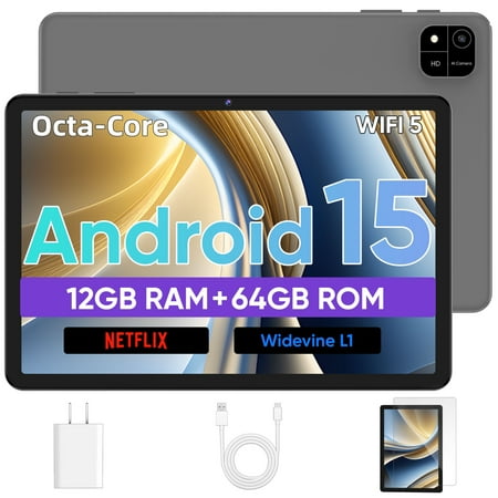 Android Tablet, 10 inch Android 15 Tablet with Octa-Core Processor, 12GB RAM 64GB ROM 2TB Expand, 1280x800 HD Touchscreen, GPS, WiFi 5, Dual Camera, BT5.0, 6000mAh, Widevine L1 (Black)