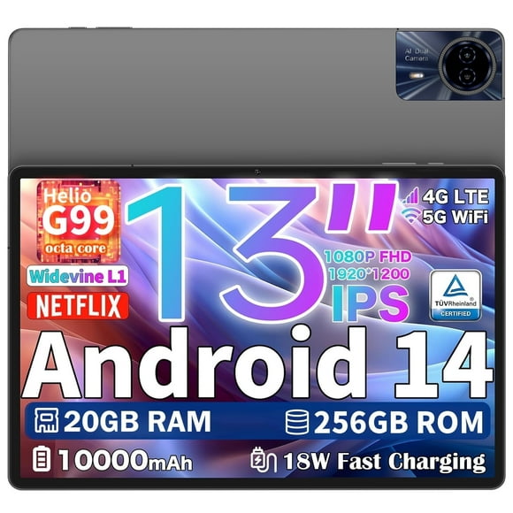 Android Tablet 13 inch, TECLAST T65MAX 20GB RAM + 256GB ROM(TF 5To) Android 14 Tablets Helio G99 Octa Core, 2K Display Gaming Tablet, 13MP+8MP/10000mAh/18W/BT5/GPS/3.5MM/Widevine L1