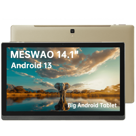 Android Tablet, 14.1 inch Android 13 Tablets 6GB RAM / 128GB ROM / 1TB SD Card Expansion, 1920x1080 IPS HD Touchscreen, 10000mAh Battery, 2.4G+5G Dual WIFI, Bluetooth 5.0, Dual Cameras - Gold
