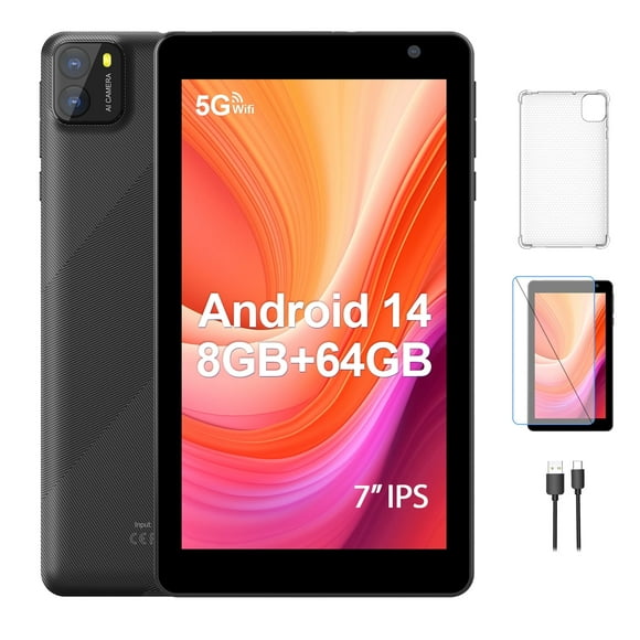 Android Tablet 7 inch Android 14 Tablets, 8GB RAM 64GB ROM 1TB Expand, Octa-Core Processor, 5G Wifi 6, 2MP+8MP Dual Camera, 3500mAh Battery, Bluetooth Computer Tablet PC, Black