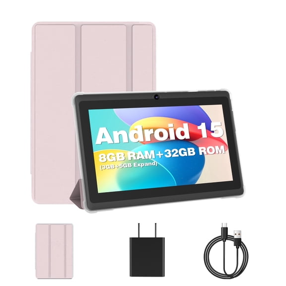 Android Tablet,7 inch Tablet with Case, 5-Core Processor, 8GB(3+5) RAM 32GB ROM 1TB Expand, 5G WiFi-6,Dual Cameras, Pink