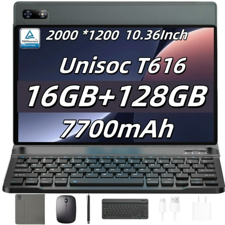 Android Tablet with Keyboard, 10 inch 2 in 1 Tablet with Case Mouse Stylus, UnisocT616 Octa-Core Processor , 16GB+128GB, 2000 *1200 IPS Incell Touchscreen, 7700mAh, GMS Certified Google Tablets, Gray