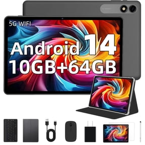 Android Tablet with Keyboard, Android 14 Tablet 10.1 inch, 10GB+64GB+1TB Expand, 2-in-1 Tablets with 8-Core, 5G WiFi, 6000mAh, BT, GMS, GPS, Gemini AI, Tablets PC with Mouse, Case, Stylus(Black)