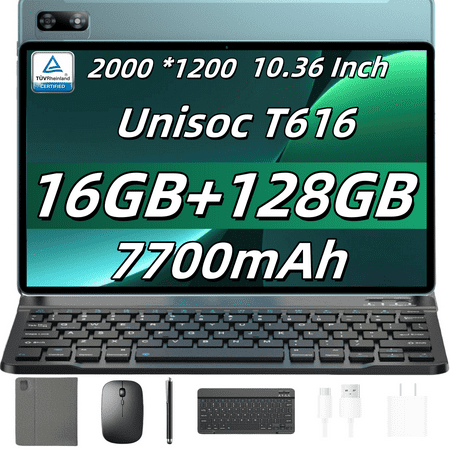 Android Tablet with Keyboard, Headwolf 10 inch 2 in 1 Tablet with Case Mouse Stylus, Unisoc T616 Octa-Core Processor, 16GB+128GB, 2000 *1200, 7700mAh, GMS Certified Google Table, Blue