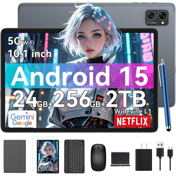 Tablet 2025 Latest Android 15 Tablets with 10.1 Inch Incell Display, 24GB RAM 256GB ROM /2TB TF, Gemini AI, T606 Octa-Core+8MP Camera, 5000mAh, Widevine L1, 2 in 1 Tablets with Keyboard Mouse Stylus