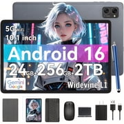 Tablet 2026 Latest Android 16 Tablets with 10.1 Inch Incell Display, 24GB RAM 256GB ROM /2TB TF, Gemini AI, T606 Octa-Core+8MP Camera, 5000mAh, Widevine L1, 2 in 1 Tablets with Keyboard Mouse Stylus