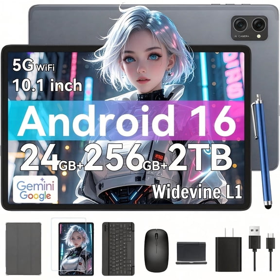 Tablet 2026 Latest Android 16 Tablets with 10.1 Inch Incell Display, 24GB RAM 256GB ROM /2TB TF, Gemini AI, T606 Octa-Core+8MP Camera, 5000mAh, Widevine L1, 2 in 1 Tablets with Keyboard Mouse Stylus