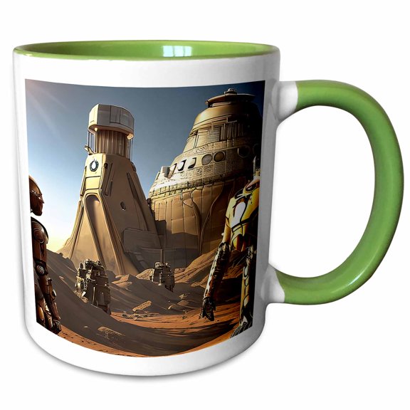 3drose, Androids, Robots, Huge Installation of the Martian Base Digital Art, 11oz Two-tone Green Mug