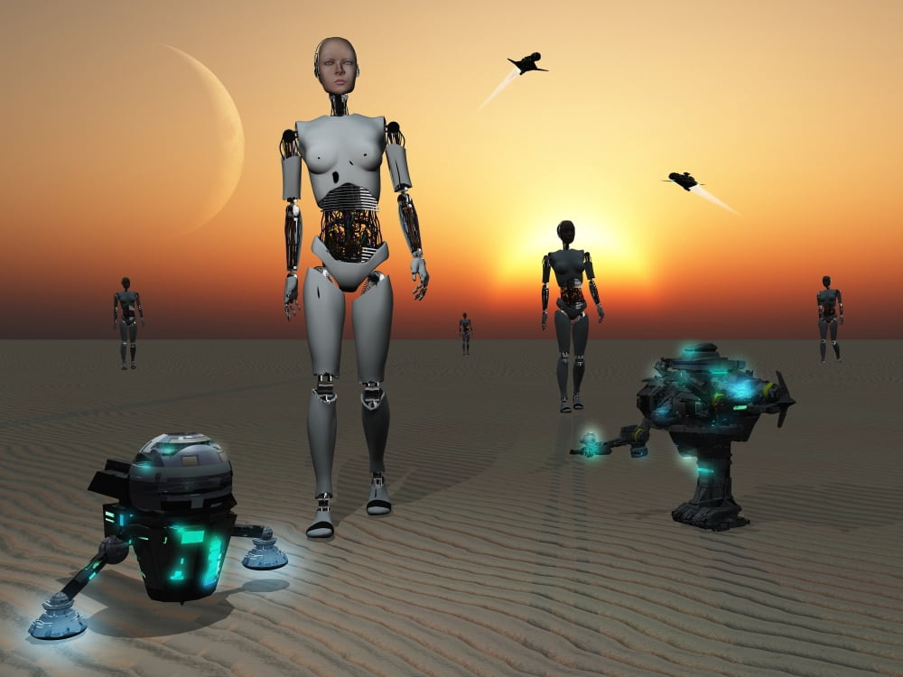 Androids and robots explore an alien world Canvas Art - Mark StevensonStocktrek Images (17 x 13)