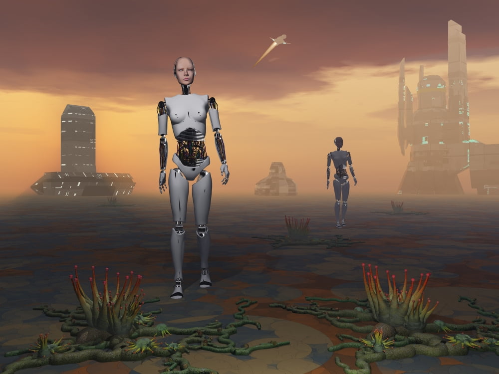 Androids explore an alien planet Canvas Art - Mark StevensonStocktrek Images (17 x 13)