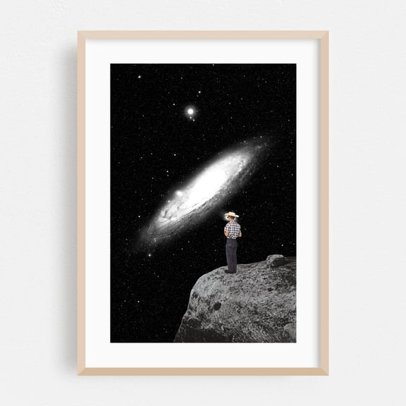 Andromeda - Tucson Arizona Collage Surrealism Space Black and White Astronomy Vintage Modern Art Oak Framed Wall Art Print 20 x 30 inches