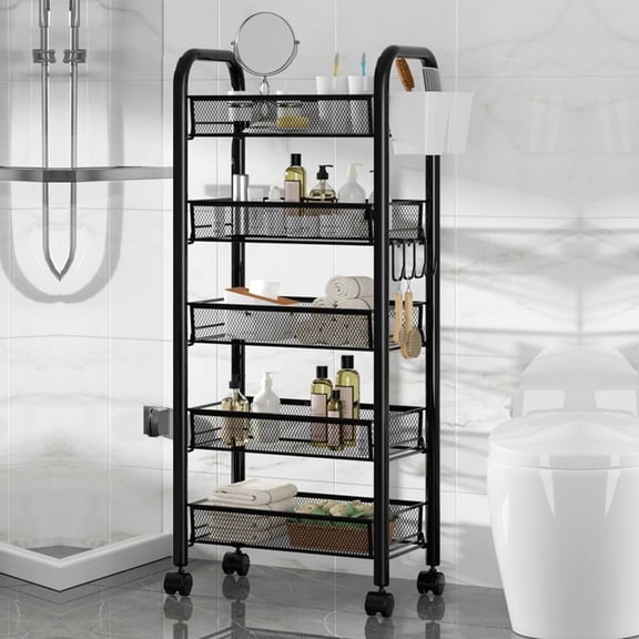 Andvari 5 Tier Fruit Basket Stand Snack Storage Rack Stackable Metal Mesh Storage Basket with 360 Degree Wheels