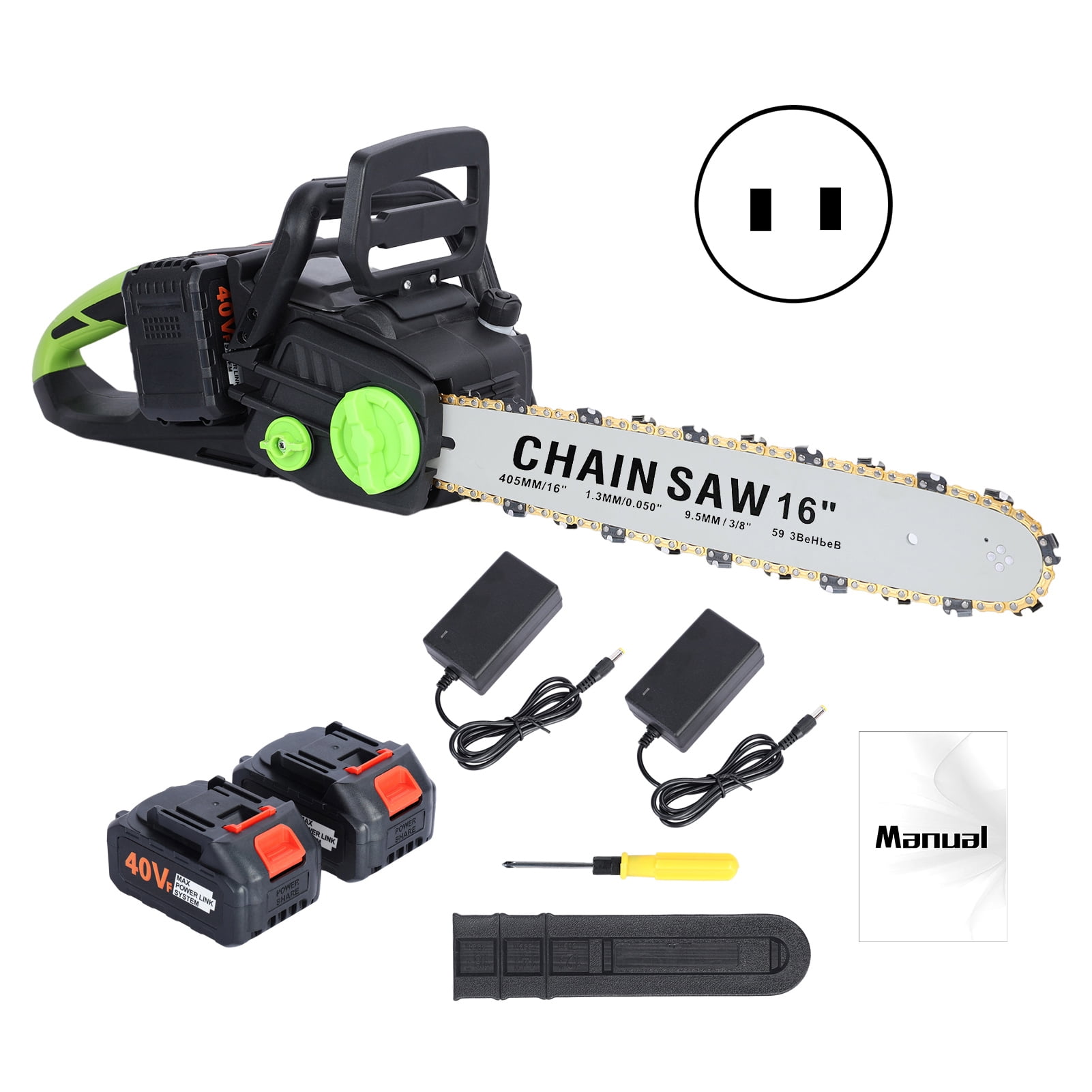 Andvari Electric Cordless Chainsaw with Brushless Motor 16 Inch Guide Plate 2 Batteries