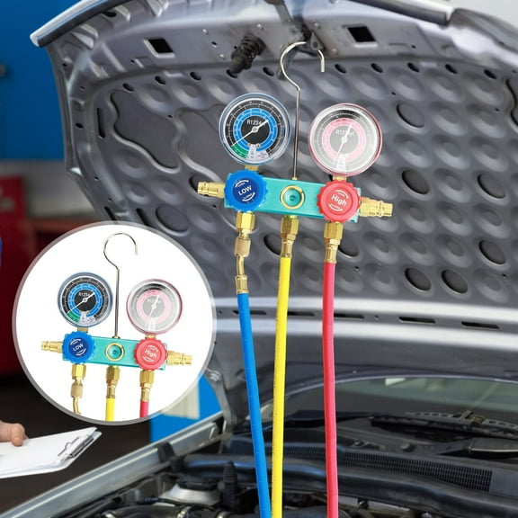 Andvari R1234YF Refrigerant Meter, Dual Gauges with Quick Connector, Aluminum Manifold Gauge Set with 3 Color Hoses