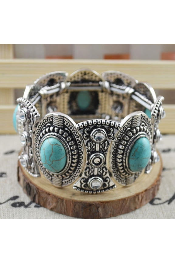 Retro Women's Gift Oval Turquoise Carved Tibetan Bangle Bracelet Boho Jewelry