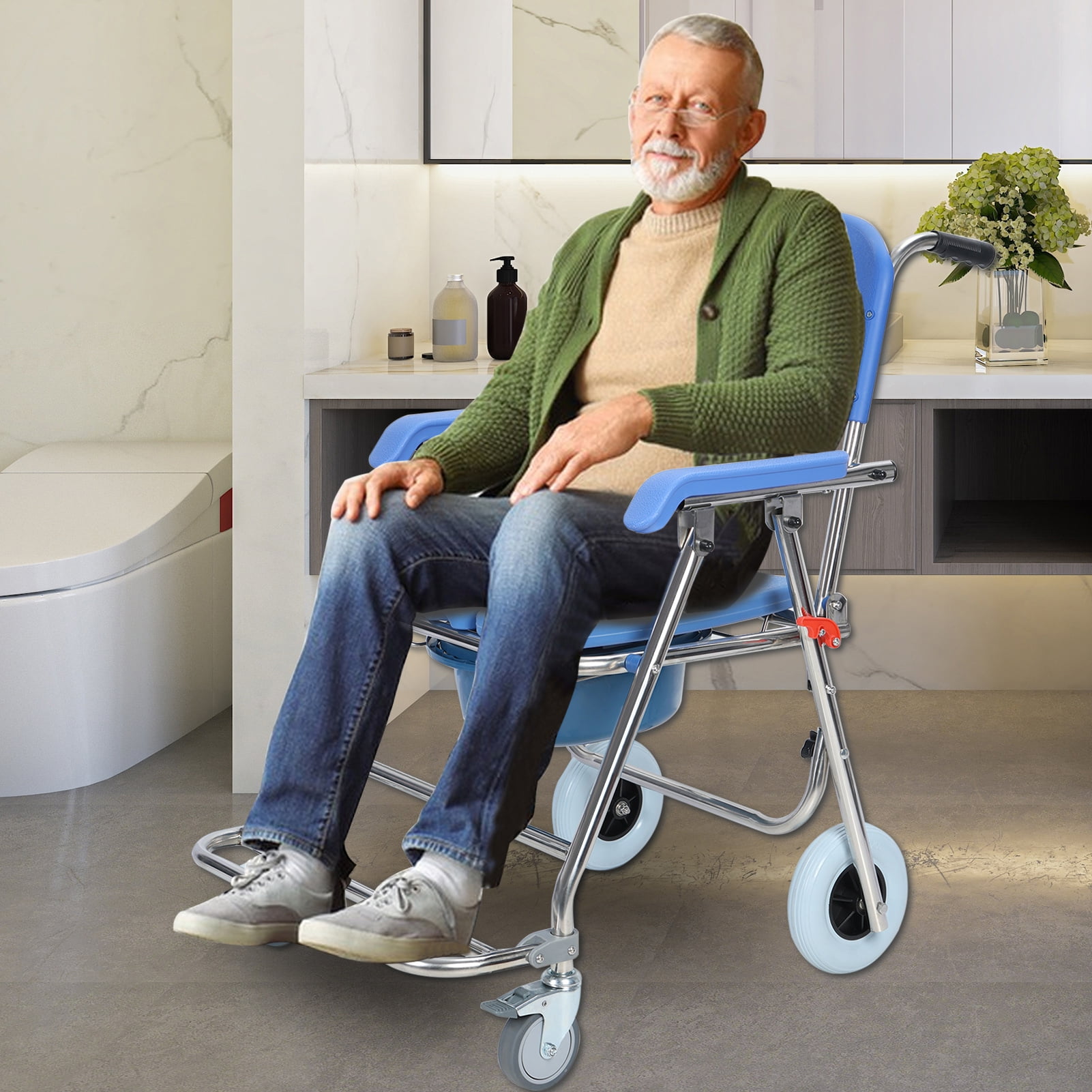 Andvari Rolling Shower Chair Commode Chair Waterproof Rolling Toilet ...