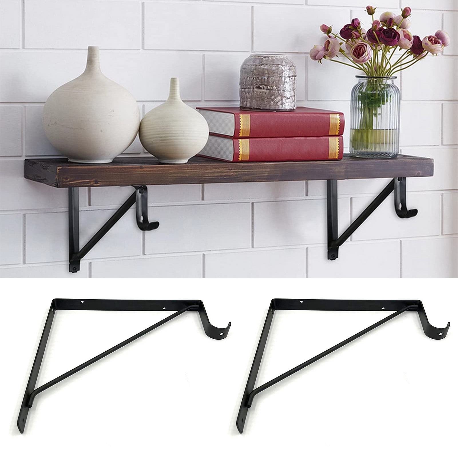 Heavy Duty Closet Rod Brackets 4-Pack - Black Shelf Bracket With Rod Holder For Wall Mount