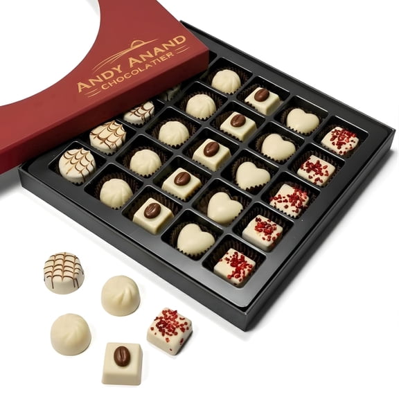 Andy Anand White Chocolate Truffles, 25 Pieces, 1 lb, Champagne, Amaretto, Tiramisu & Cappuccino Flavors, Assorted White Chocolate Truffle Collection