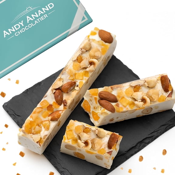 Andy Anand Chocolatier Gluten-Free Orange Peel Soft Nougat Brittle Candy from Spain with Wildflower Honey & Roasted Almonds Vegan, Dairy-Free & Soy-Free Snack Pack of 2