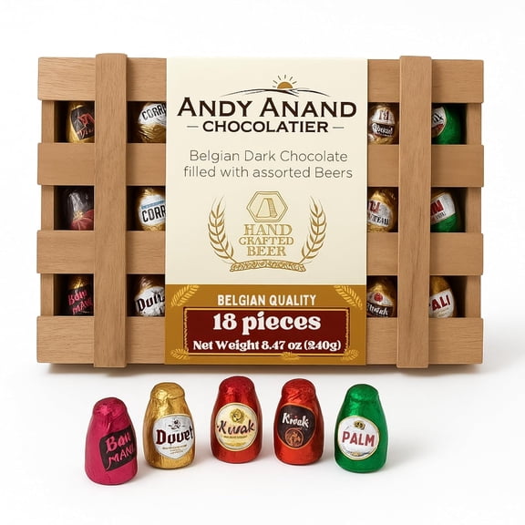 Andy Anand European Dark Chocolate Bottles, Beer-Flavored Filled Chocolates, 18 Count, Wooden Gift Box
