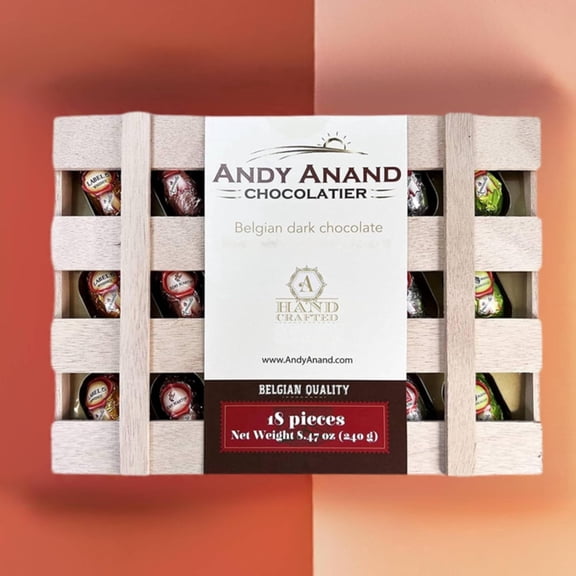 Andy Anand European Dark Chocolate Assortment, 18 Pieces, Assorted Filled Centers, Wooden Gift Box