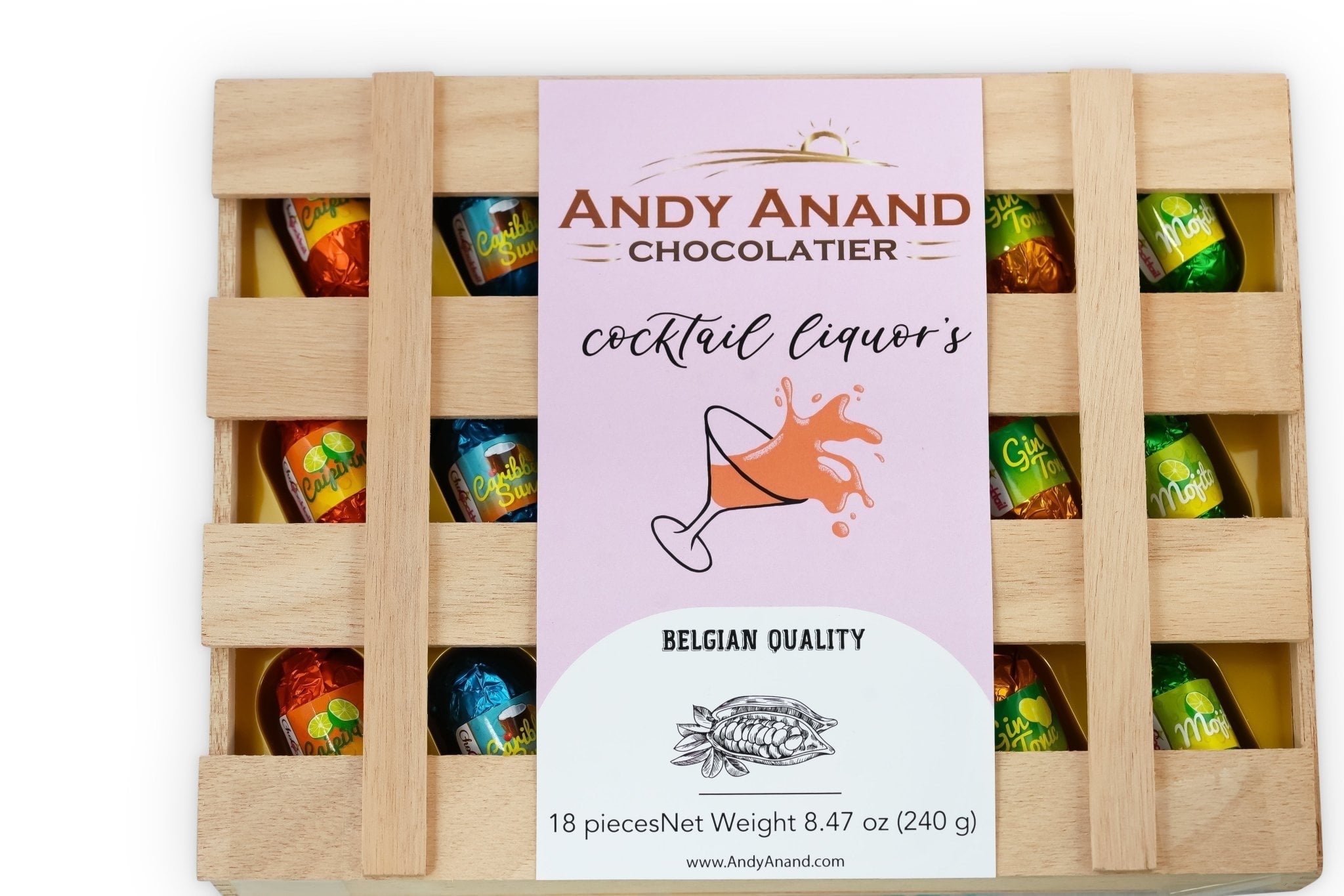 Andy Anand Exquisite Collection of European-Flavored Vegan Dark Chocolates, 18 Pieces with Six Unique Flavors. Wooden Gift Box, Shipped 2nd Day Air