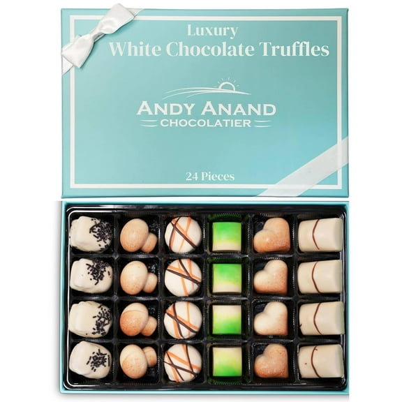 Andy Anand Handcrafted Belgian White Chocolate Truffles - Luxury Gift Box, Gluten Free, Soy-Free, Sesame Free, Delicious Decadent Belgian Truffles | Premium Gourmet Indulgence for Gift (24-Pieces)