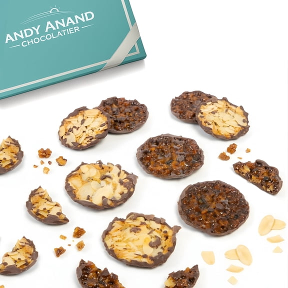 Andy Anand Dark Chocolate Florentine Biscuit Cookies, Orange & Almond, 24 pc  Imported from France, Gourmet Birthday & Holiday Gift Box