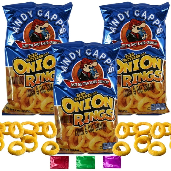 Andy Capp's Beer Battered Onion Rings, Flavored Corn & Oat Snacks, Lunch Picnic Movie Night Pantry Stocks On the Go Snacking Party Snack 2 oz 3 Packs w/ Bonus Snoep in Beperkte Oplage