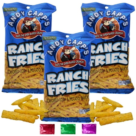 Andy Capp's Ranch Fries, Crunchy Flavored Corn & Potato Snacks, Lunch Picnic Movie Night Pantry Stocks On the Go Snacking Party Snack 3 oz 3 Packs w/ Bonus Snoep in Beperkte Oplage