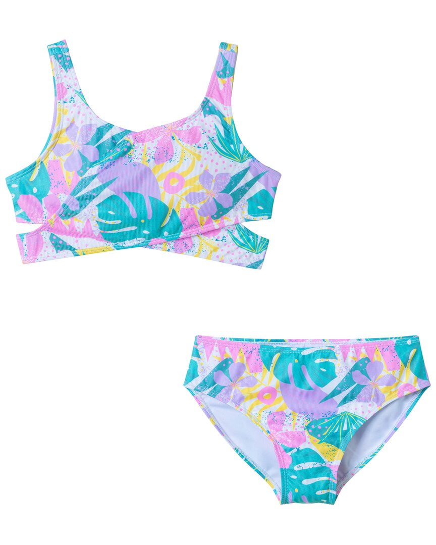 Kids' Tropical Floral High Waisted Two-Piece Bikini in White