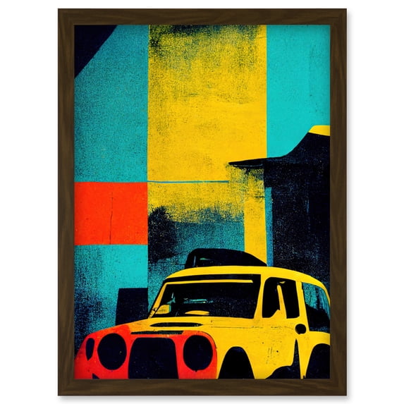 Andy Warhol Inspired Modern Abstract Car Taxi Yellow Orange Teal Black Artwork Framed Wall Art Print A4
