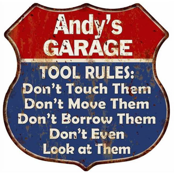 Andy's Garage Man Cave Rules Sign Shield Metal Gift 211110001039