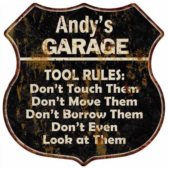Andy's Garage Tool Rules Sign Shield Metal Gift 211110003039