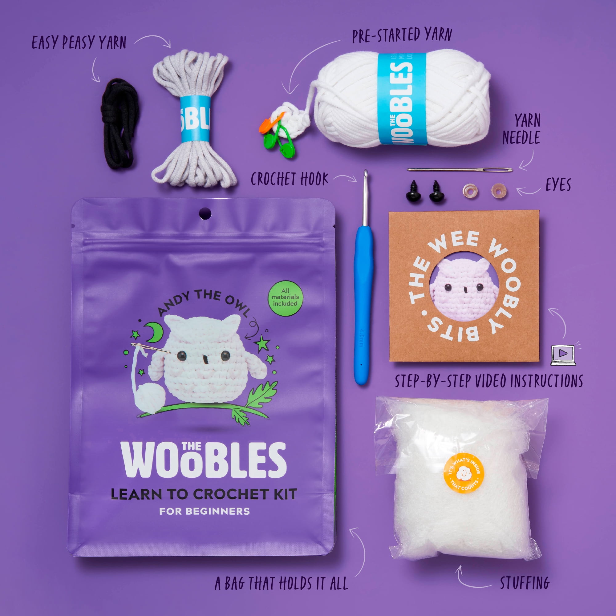 The Woobles Beginner Crochet Amigurumi Kits - Andy the Owl