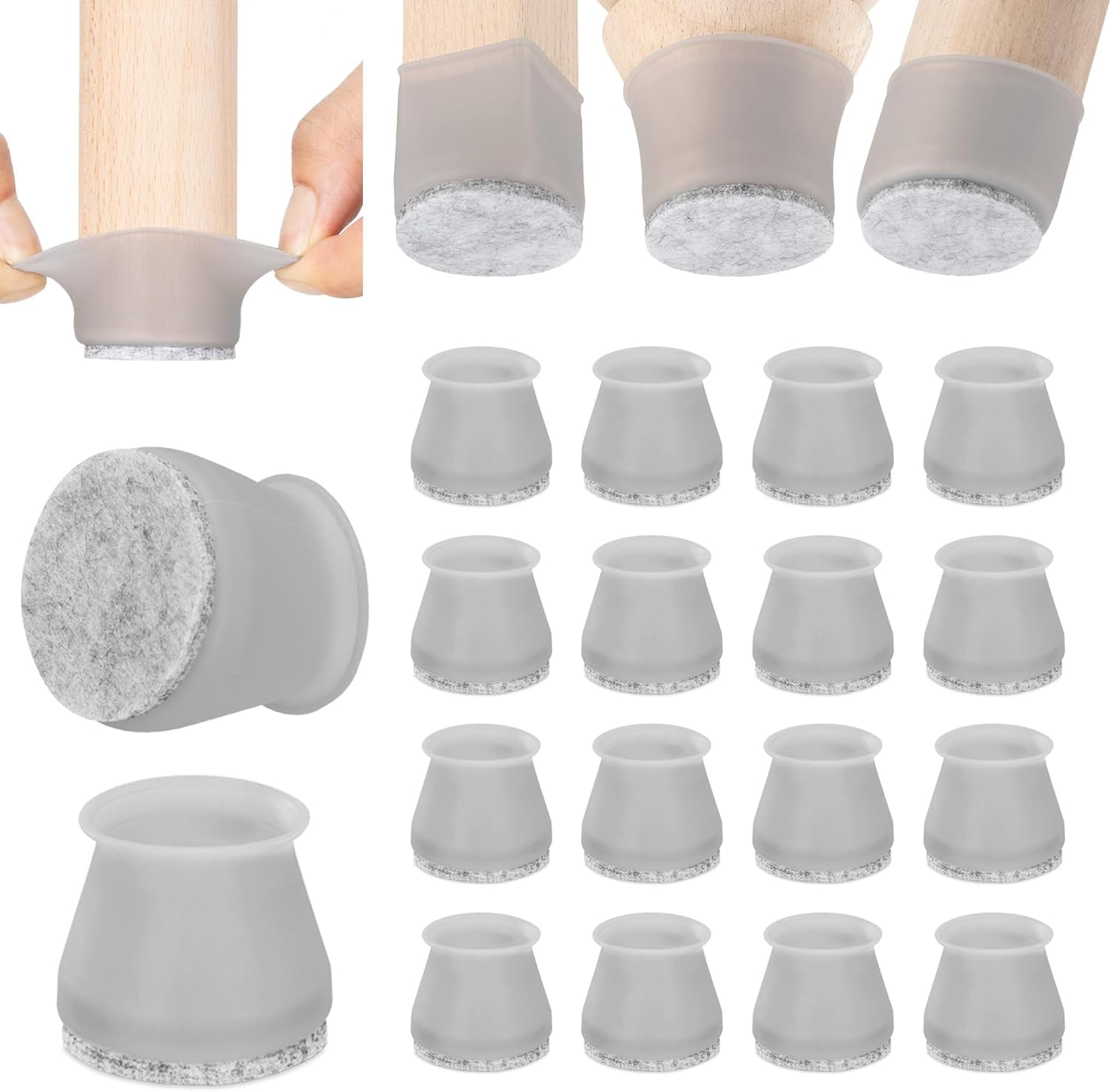 Aneaseit Chair Leg Floor Protectors - 1 1/2" x 16 pcs Gray - Felt Bottom Silicone Pads for Hardwood Floors & Furniture Feet - Rubber Caps for Chairs - Medium
