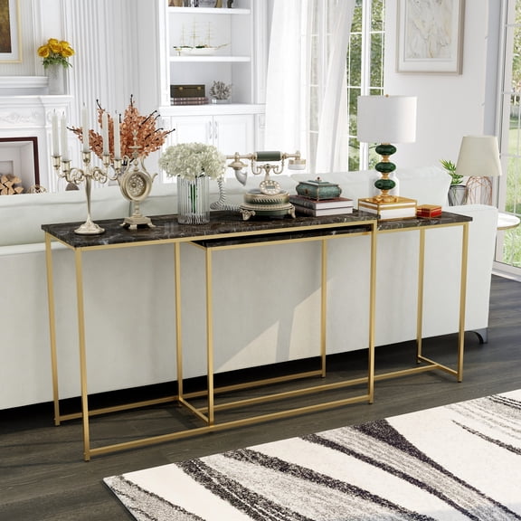 Aneeka Steel and Faux Marble 2-Piece Nesting Console Tables Set, Gold and Black
