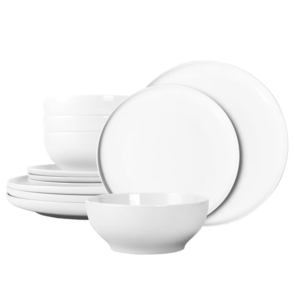 Anveena 12-Piece White Porcelain Dinnerware Set, Service for 4, Chip-Resistant, Microwave & Dishwasher Safe Plates and Bowls Set