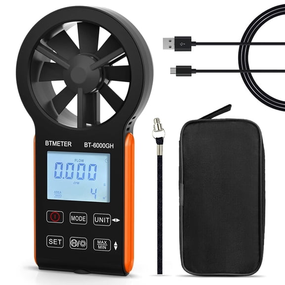 Anemometer CFM Wind Meter, Air Flow Gauge Measure Wind Speed 0.3~30m/s, Monitor Airflow Volume 0-999900 ft3/min for HVAC Duct Air Vent, Touch-Screen Windometer 6000GH