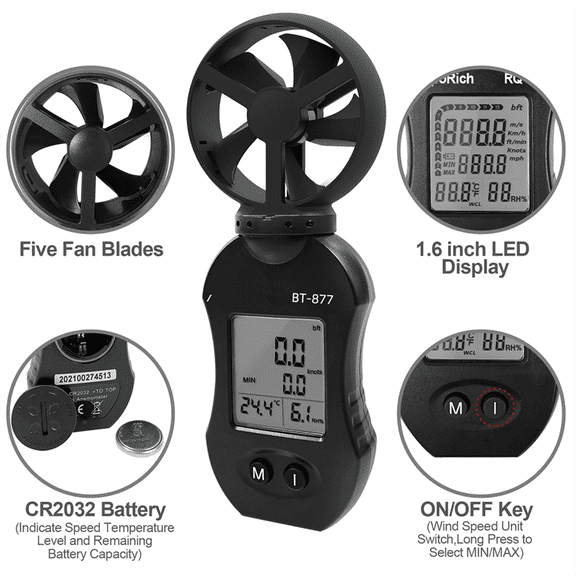 Anemometer, with Temperature and Humidity Measurement, 0.3-30m/S Weather Station Anemometer Airflow Meter,1set * handheld wind speed and humidity tester sensors,Black