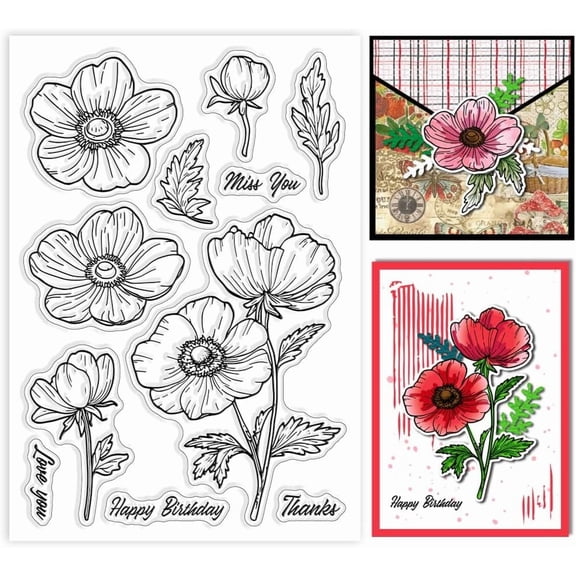 Anemone Clear Stamps Spring Flowers Silicone Clear Stamp Seals Blessing Words Transparent Stamps