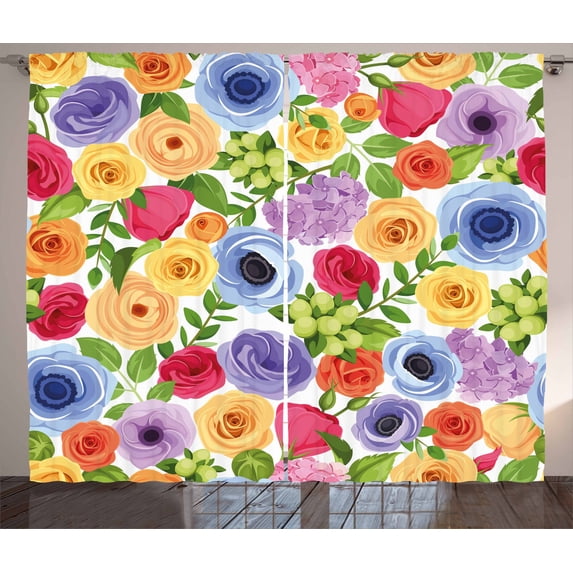 Anemone Flower Curtains 2 Panels Set, Ornate Colorful Fresh Flowers of Summer Season Forest with Green Leaves, Window Drapes for Living Room Bedroom, 108W X 84L Inches, Multicolor, by Ambesonne