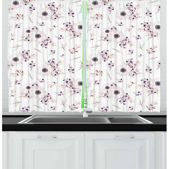 Anemone Flower Curtains 2 Panels Set, Shabby Chic Spring Pattern Blossoming Bridal Bouquets Romantic, Window Drapes for Living Room Bedroom, 55W X 39L Inches, Baby Pink Lilac Purple, by Ambesonne