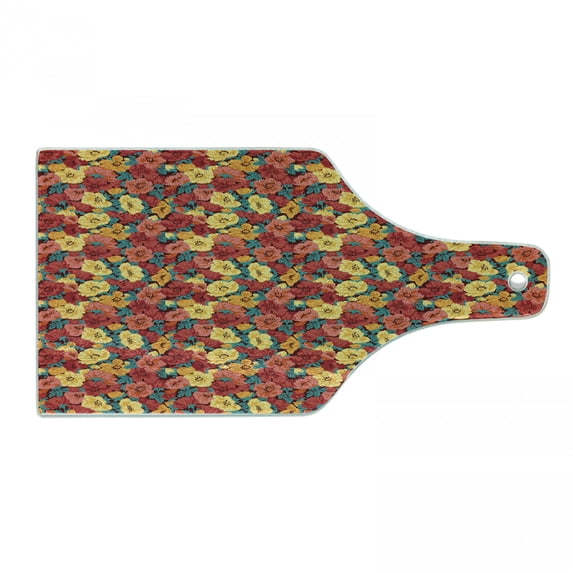 Anemone Flower Cutting Board, Retro Style Floral Pattern Romantic Botanical Spring Composition, Tempered Glass Cutting and Serving Board, Wine Bottle Shape, Dark Coral Teal Yellow, by Ambesonne